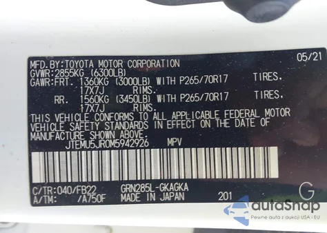 2021 Toyota 4Runner Sr5 z USA, uszkodzony, nr VIN JTEMU5JR0M5942926